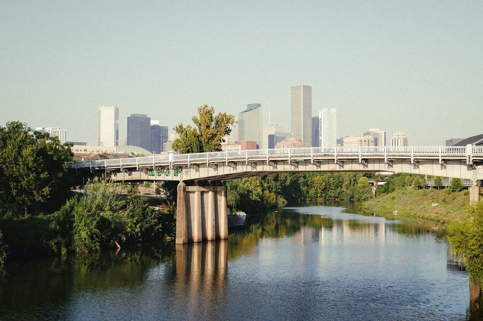 Downtown Houston skyline over Buffalo Bayou