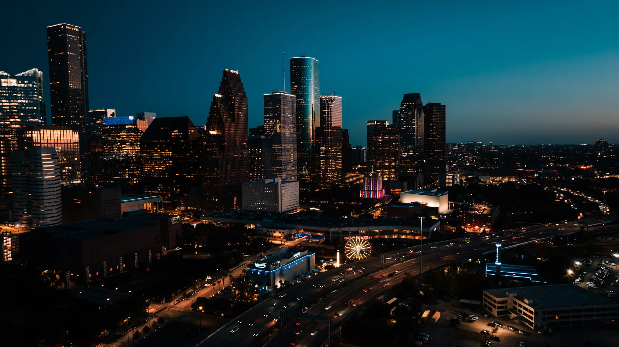Aerial view of downtown Houston at dusk