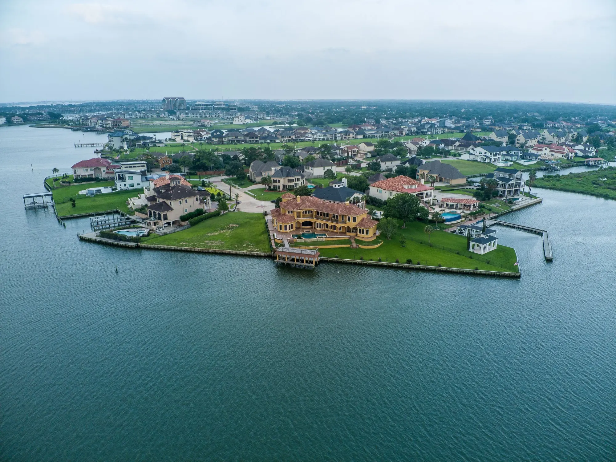Aerial view of waterfront homes in the Houston area